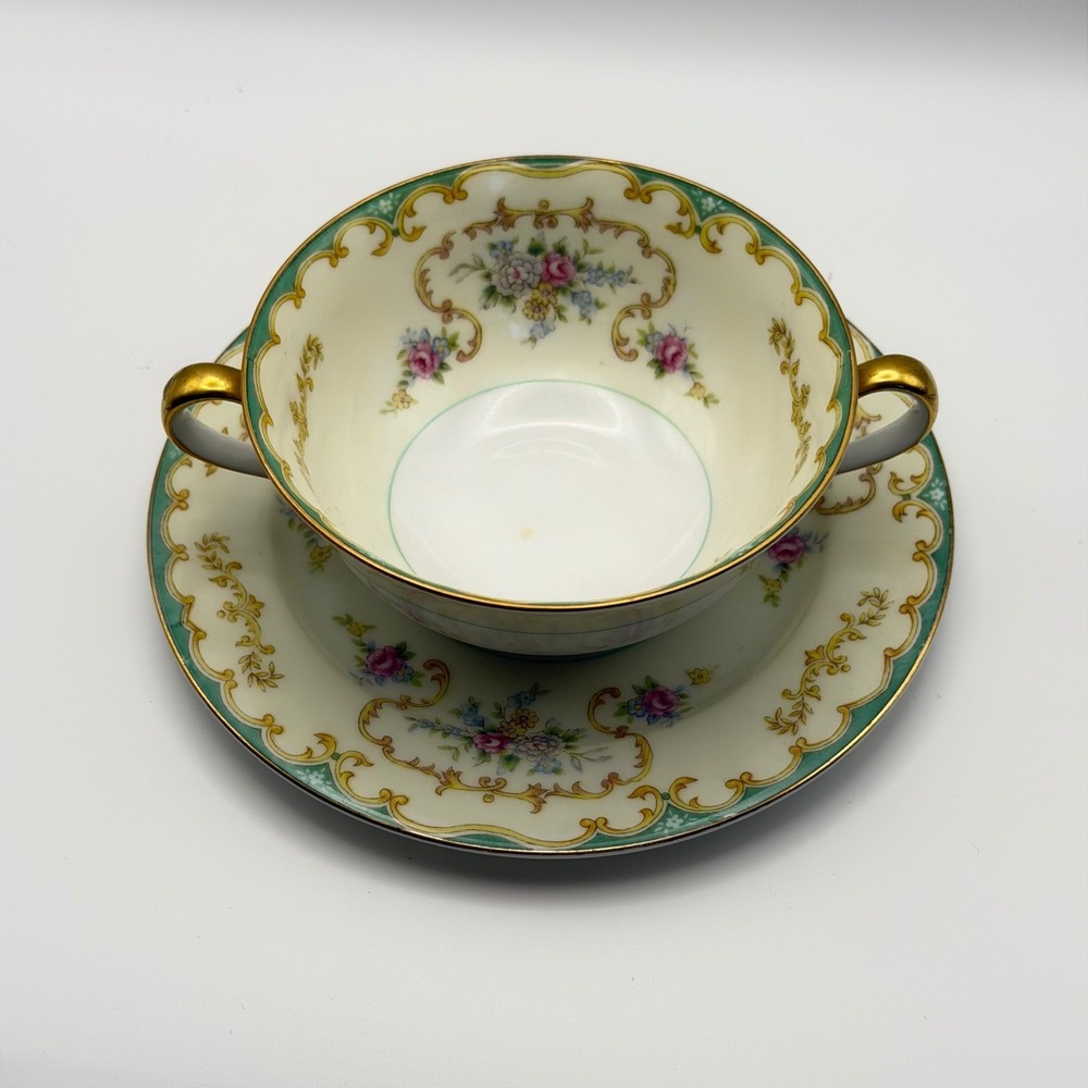 4 Vtg Noritake Soup Bowl Saucer Set Double Handle Floral Green Trim Japan N238